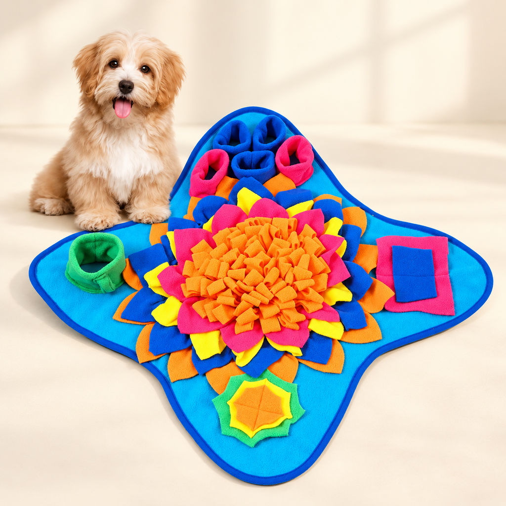 Imagen ilustrativa de alfombra olfativa azul multicolor junto a un perro