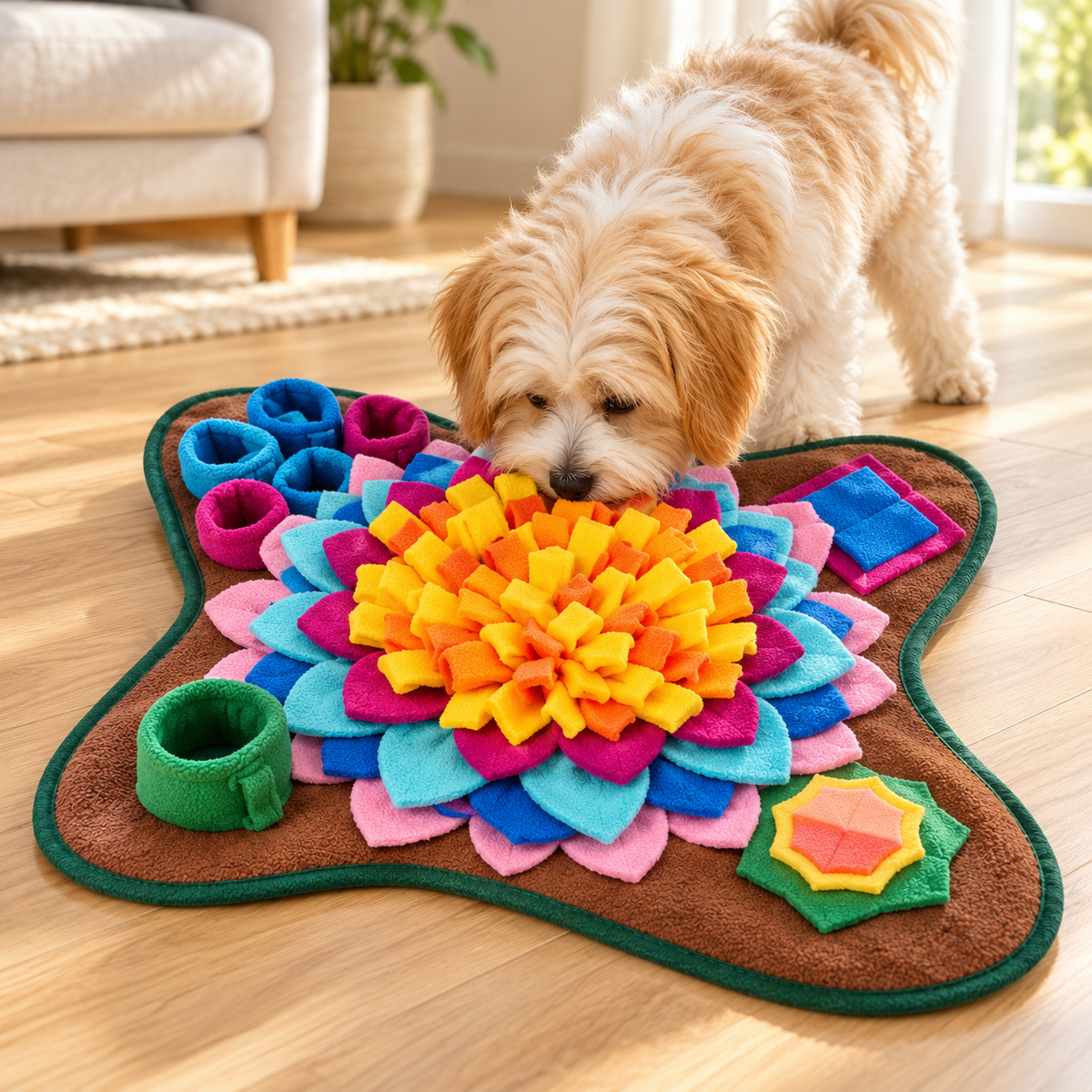 Imagen ilustrativa de un perro buscando premios en una alfombra olfativa multicolor