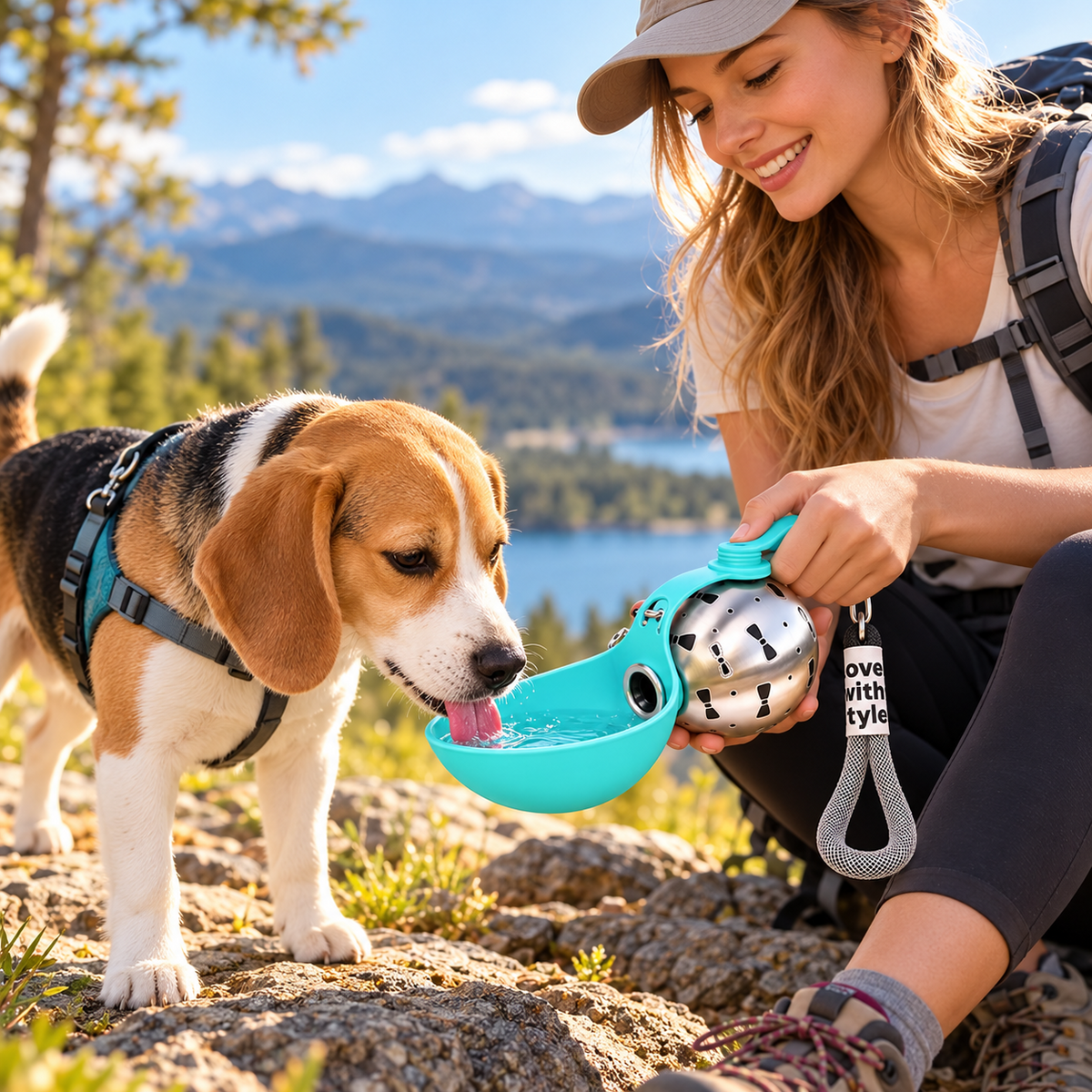 Persona dando agua a su perro con un bebedero portátil durante una excursión; imagen ilustrativa