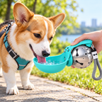 Perro bebiendo agua de un bebedero portátil turquesa durante un paseo; imagen ilustrativa