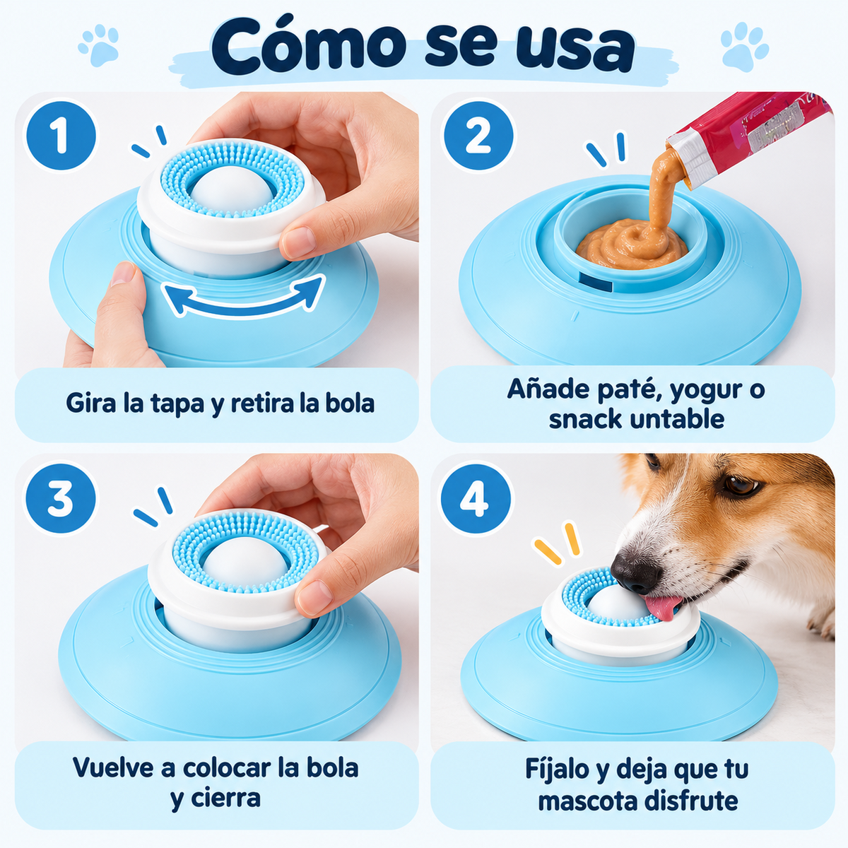 Instrucciones ilustradas de uso de la bola de lamido para perros y gatos