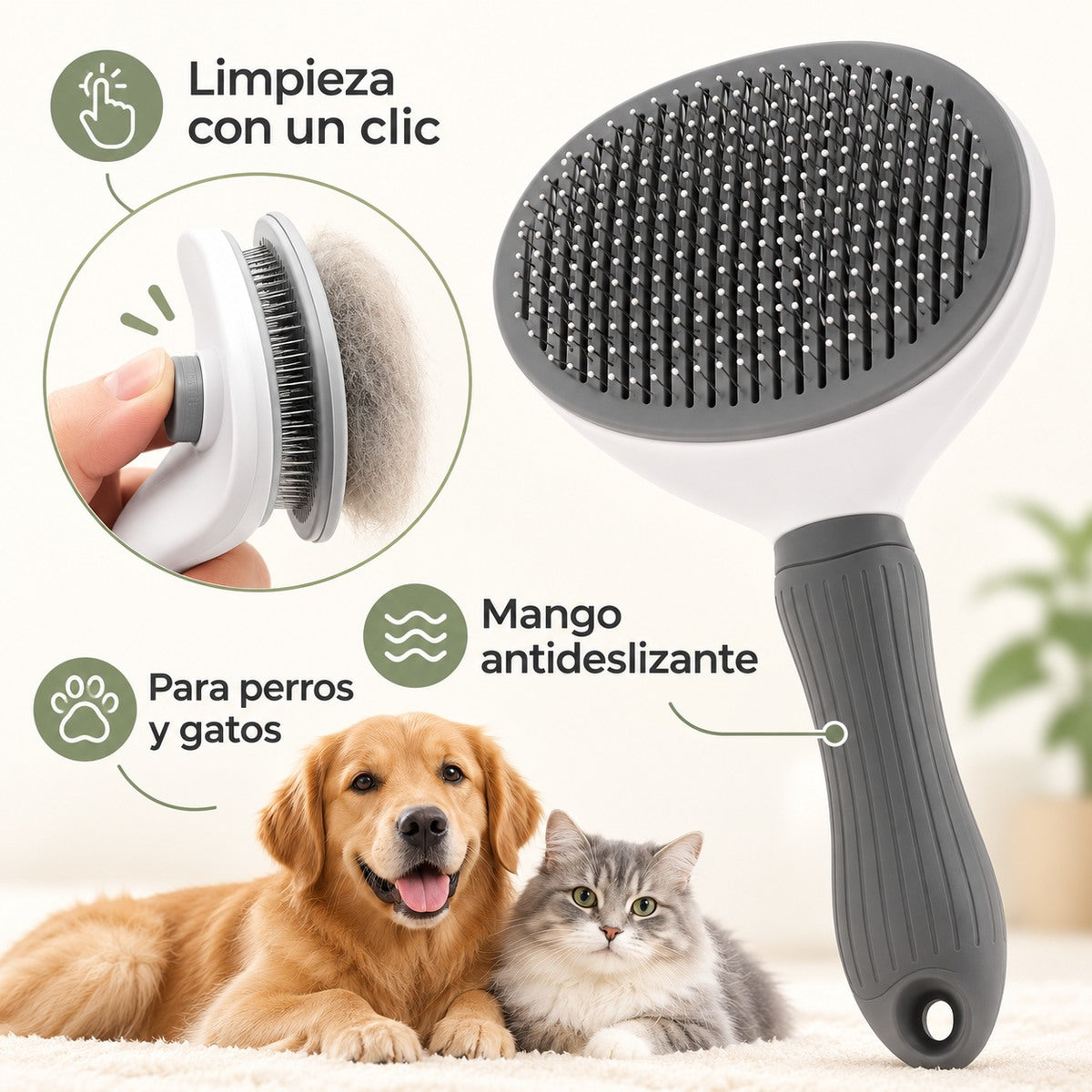 Cepillo para perros y gatos con pulsador de limpieza y mango antideslizante