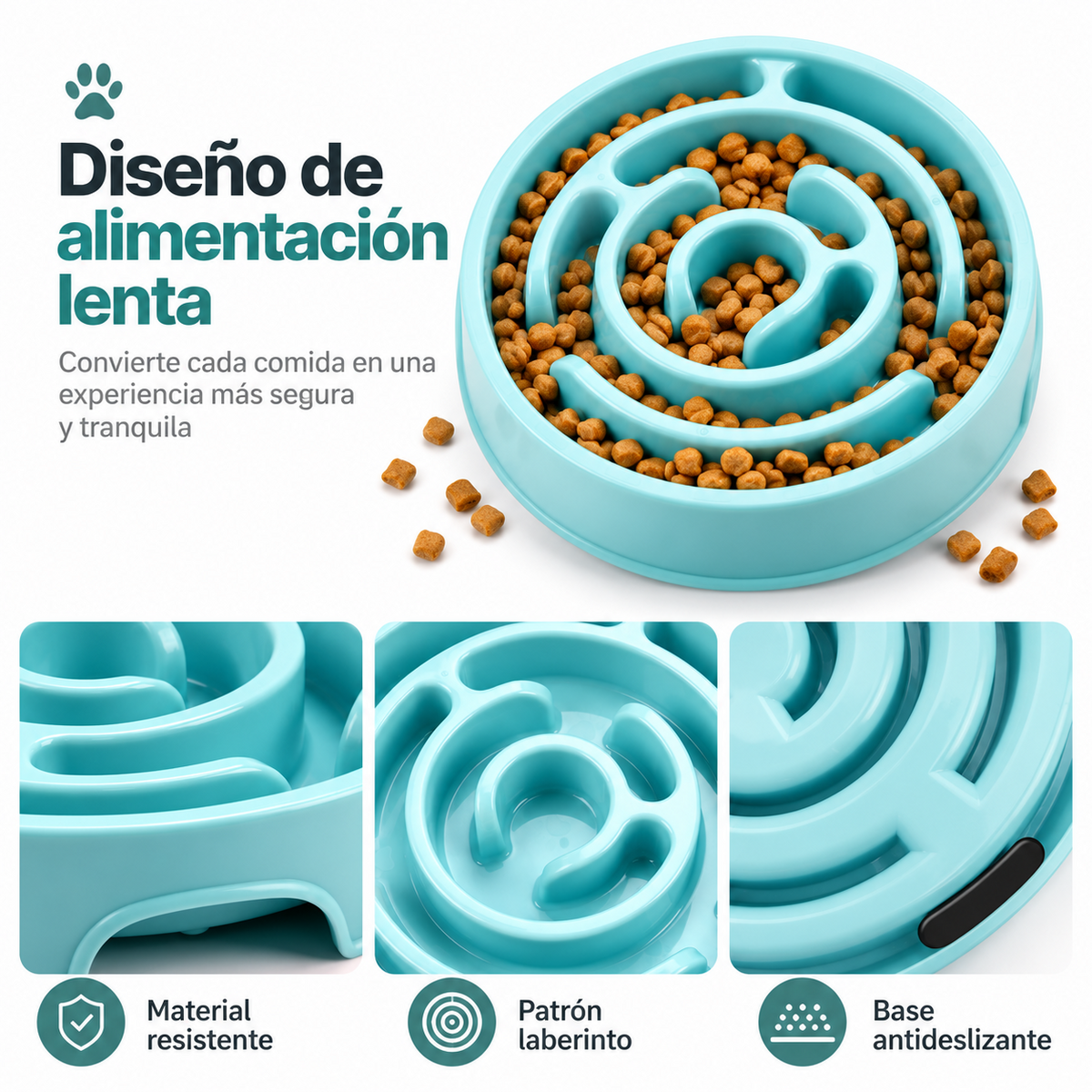 Detalles del diseño del comedero lento turquesa; imagen ilustrativa
